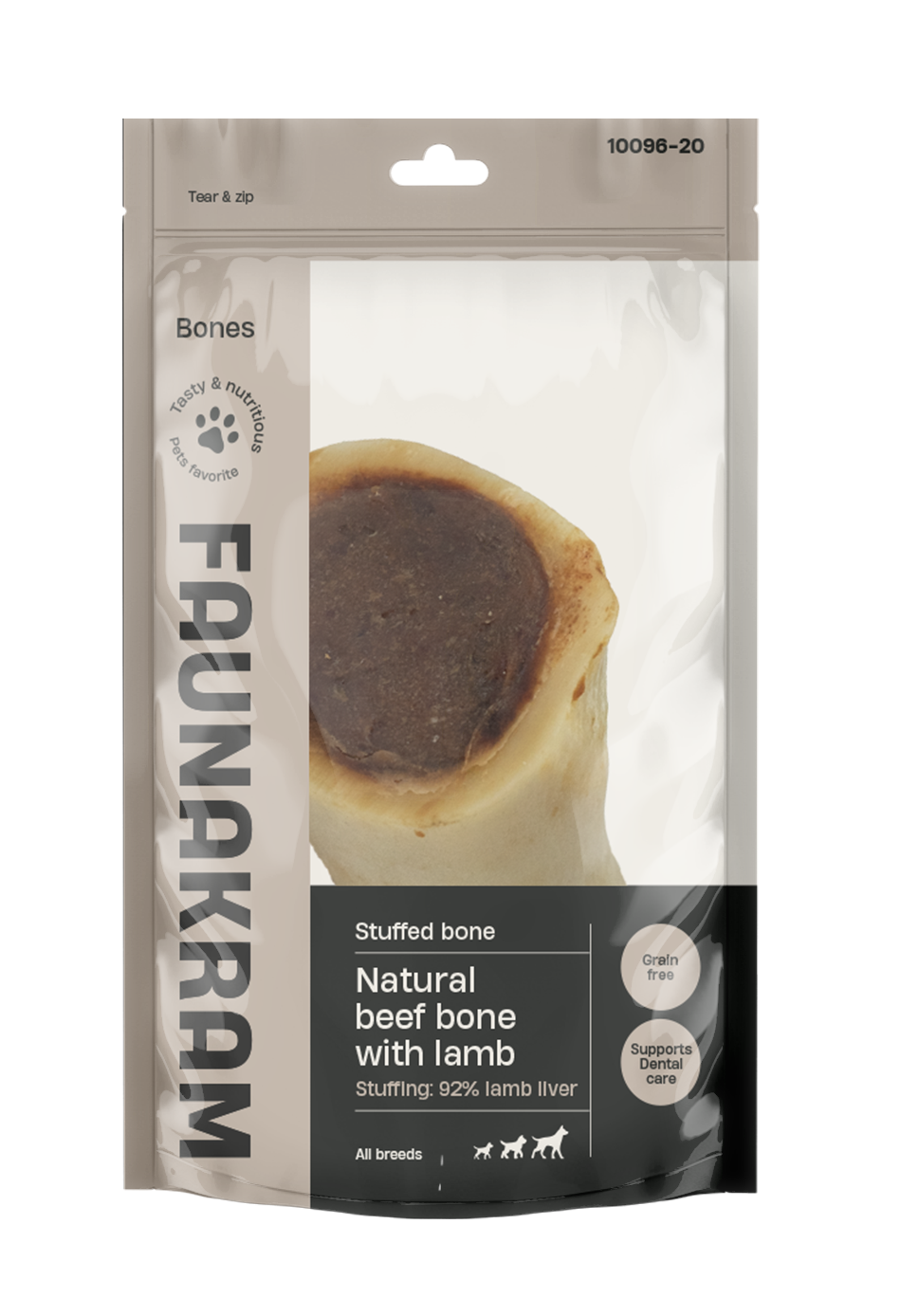 Faunakram Natural Beef Bone – Fylt med 92% lammelever (200-250 g)