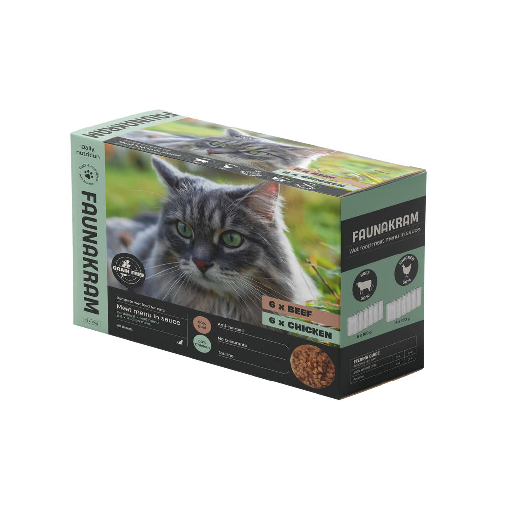 Faunakram Complete Cat wet food menu Chicken & Beef Antihairball 12x100g