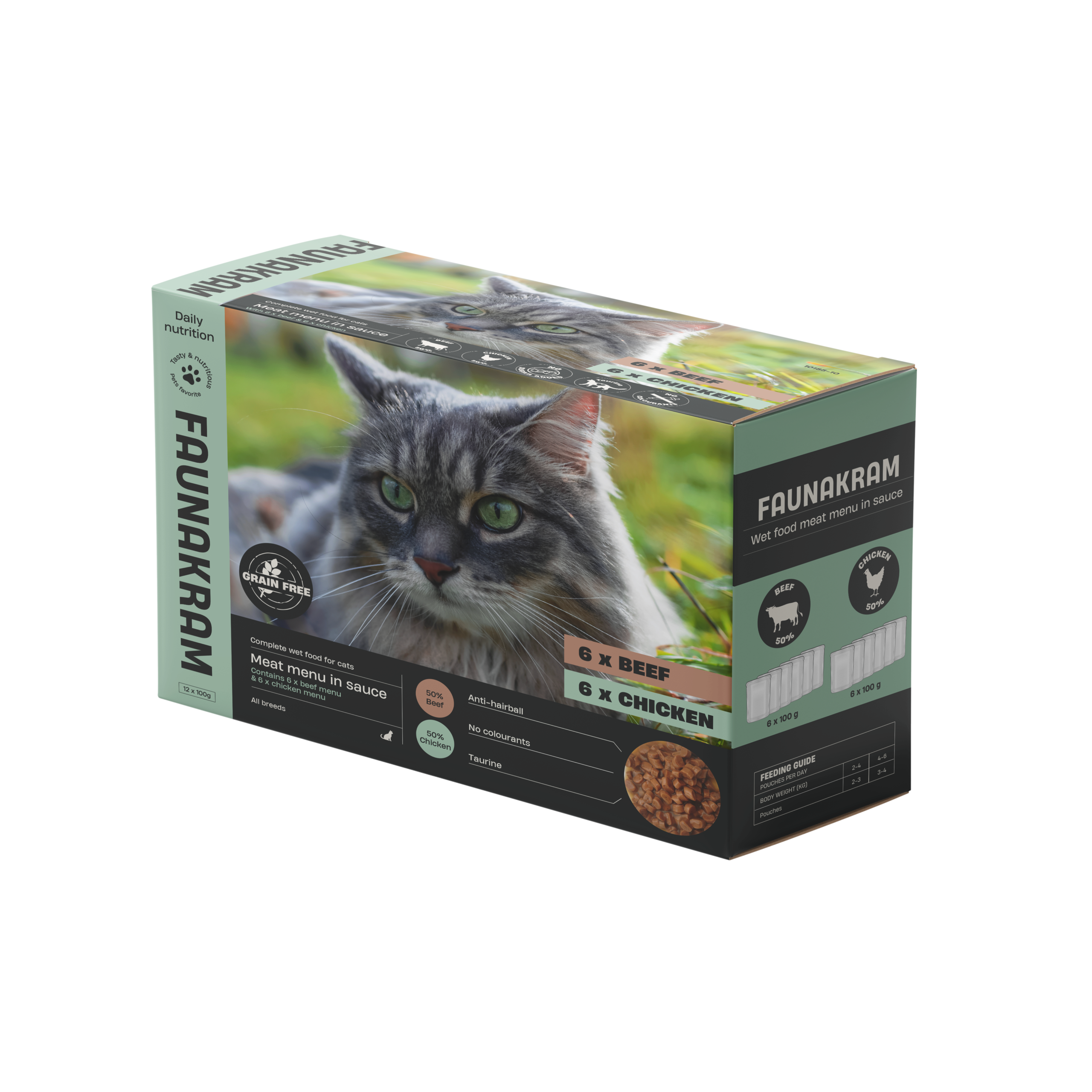 Faunakram Complete Cat wet food menu Chicken & Beef Antihairball 12x100g