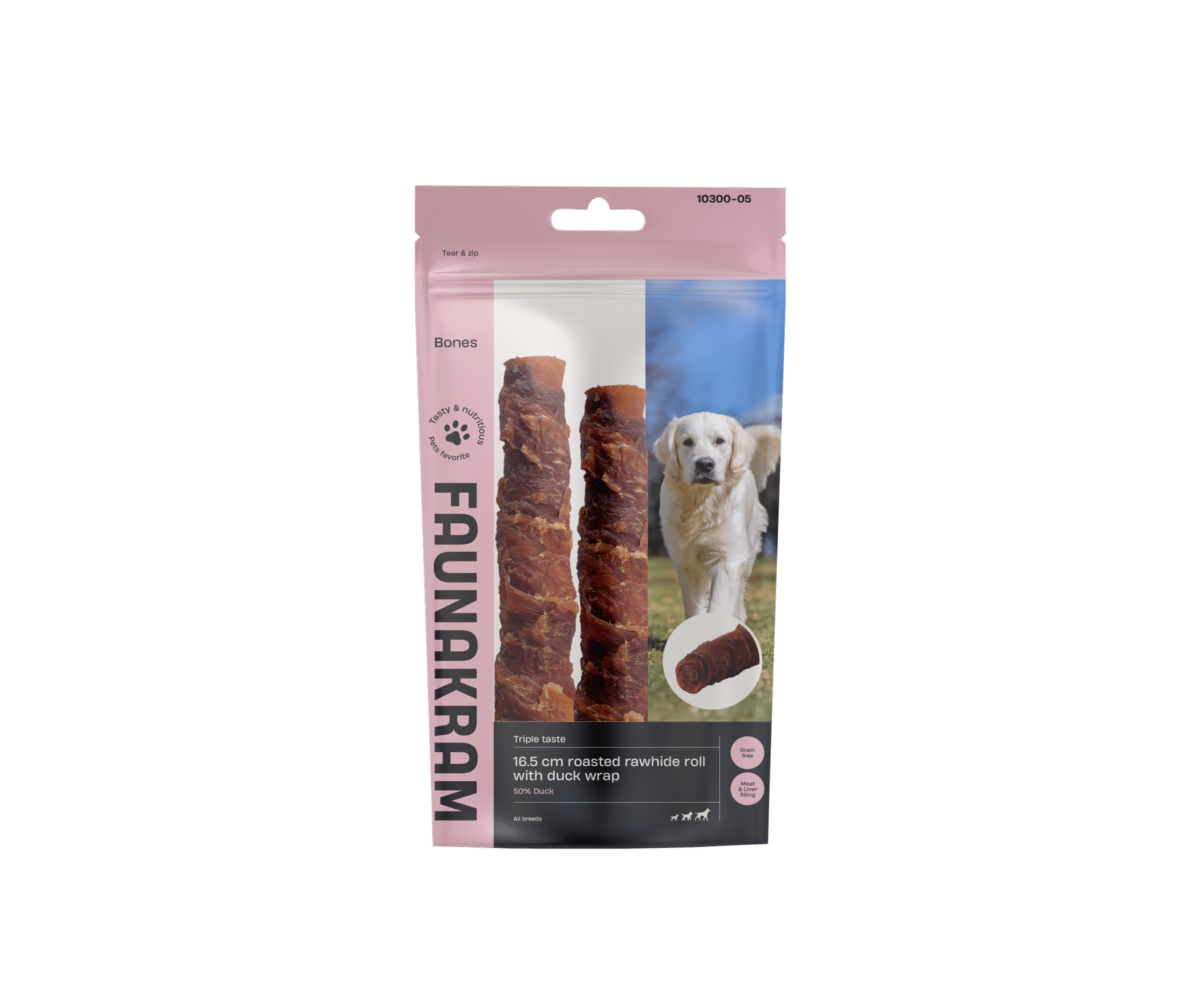 Faunakram Rawhide bone Roasted Duck liver filled w. Duck wrap 16,5cm 170g