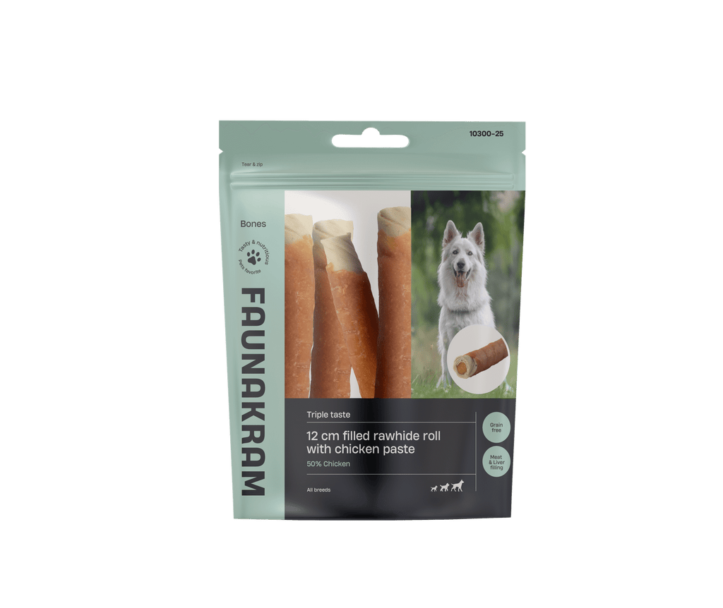 Faunakram White rawhide liver filled roll w. Chicken paste 12cm 170g
