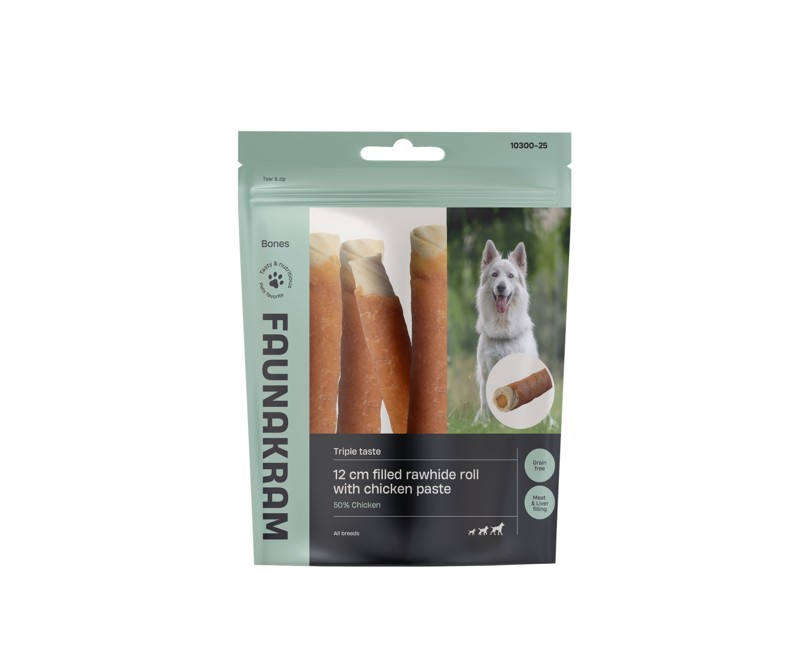 Faunakram White rawhide liver filled roll w. Chicken paste 12cm 170g
