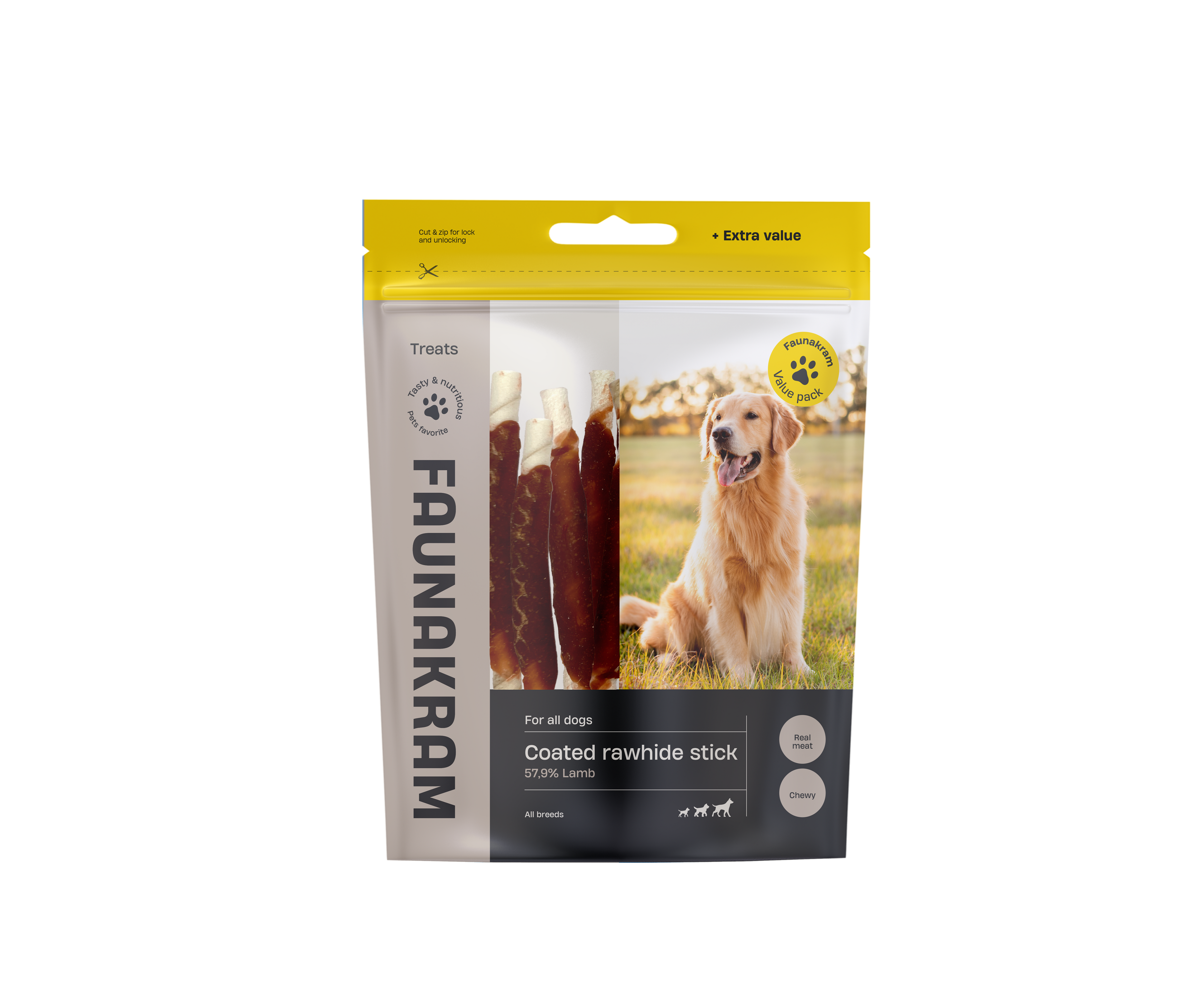 Faunakram Valuepack Coated rawhide stick w. Lamb 300g