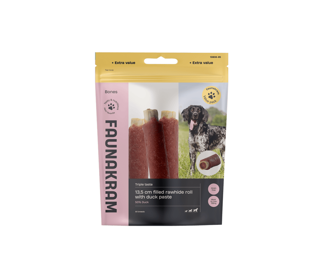 Faunakram Filled Rawhide roll w. Duck Paste 13,5 cm, 4 stk 300g
