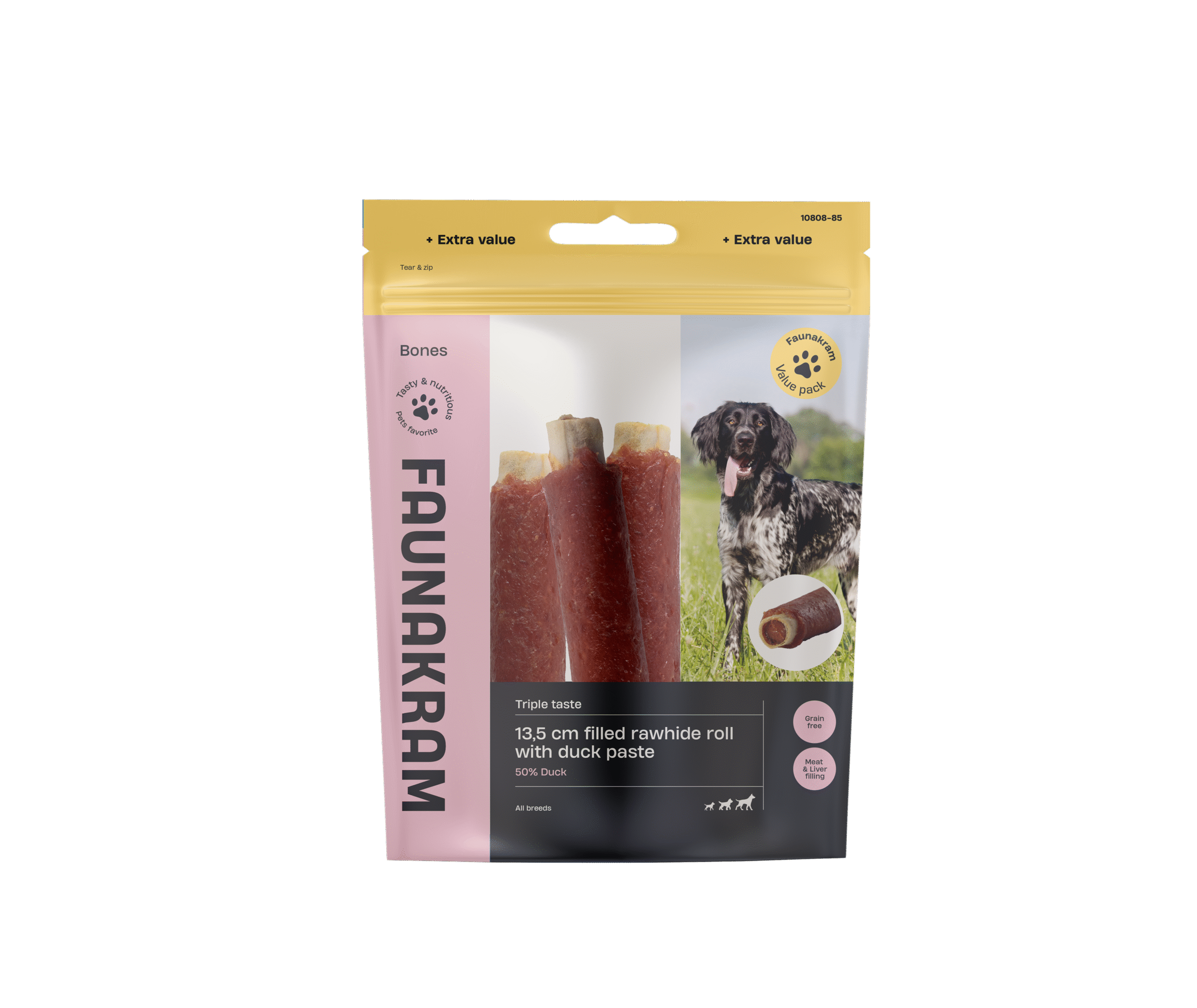 Faunakram Filled Rawhide roll w. Duck Paste 13,5 cm, 4 stk 300g