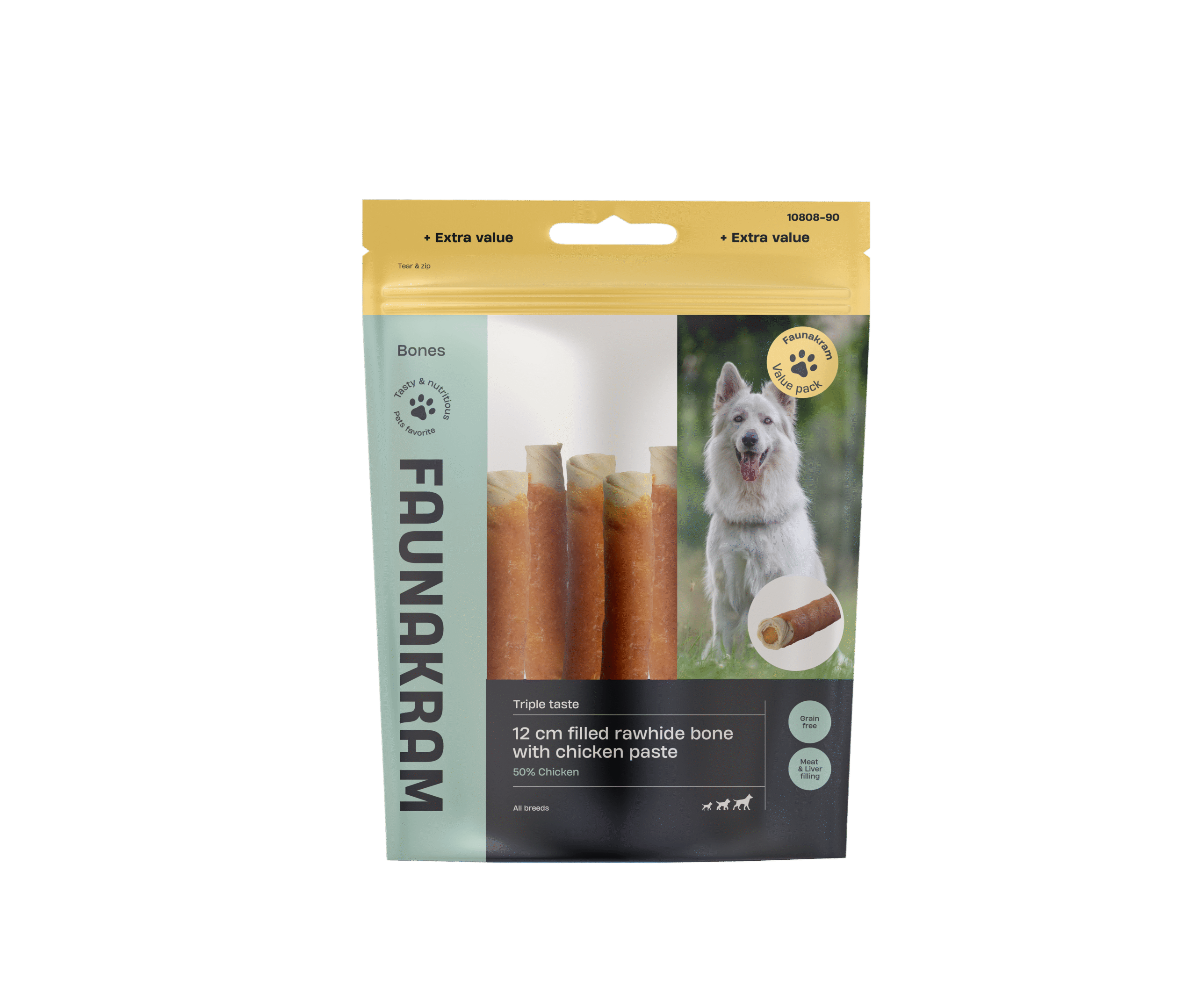 Faunakram Filled White Rawhide w. Chicken Paste, 12 cm 300g