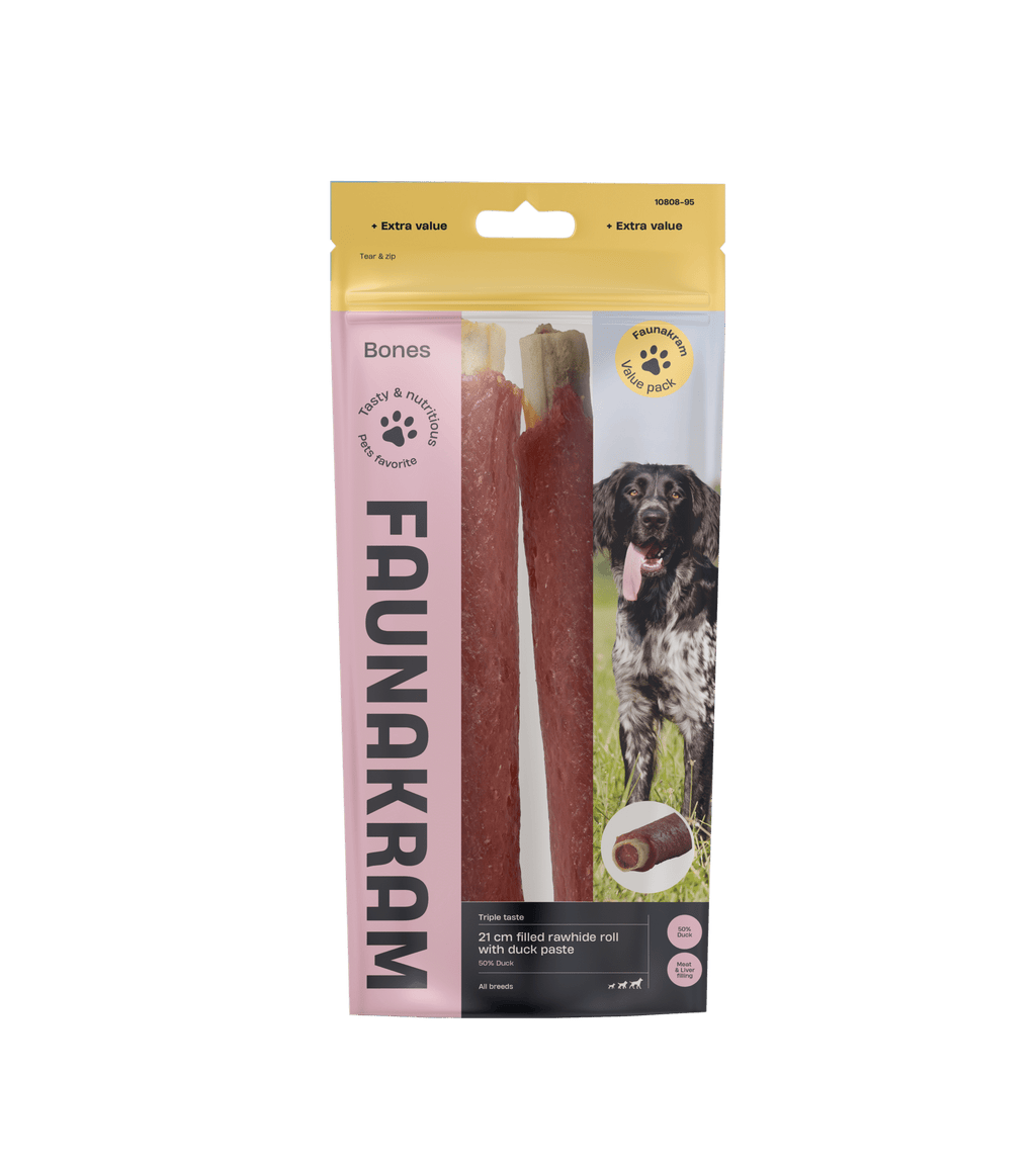 Faunakram Filled Rawhide roll w. Duck Paste 21 cm, 2 stk 300g