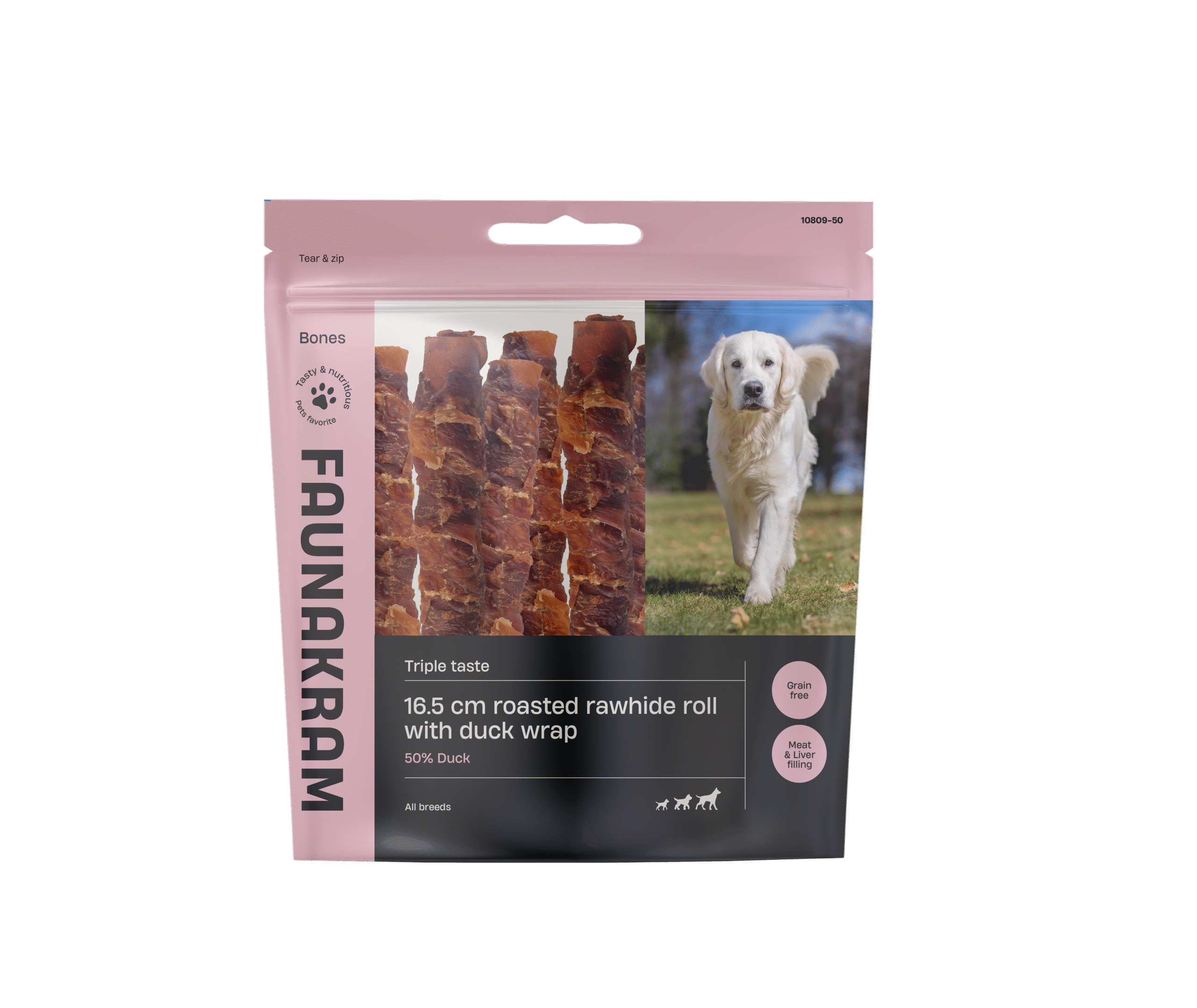 Faunakram Roasted Rawhide bone wrap w. Duck & Duck liver filling, 16,5 cm 700g